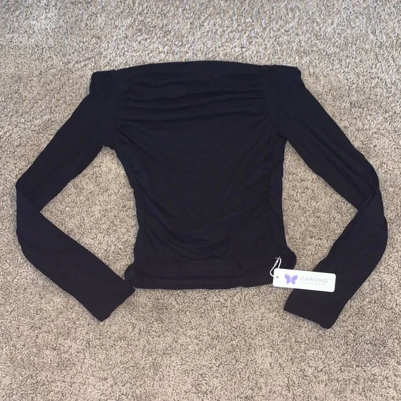 NWT Women's Black Off The Shoulder Long Sleeve Form Fitting Ruched Top XS - Picture 3 of 10